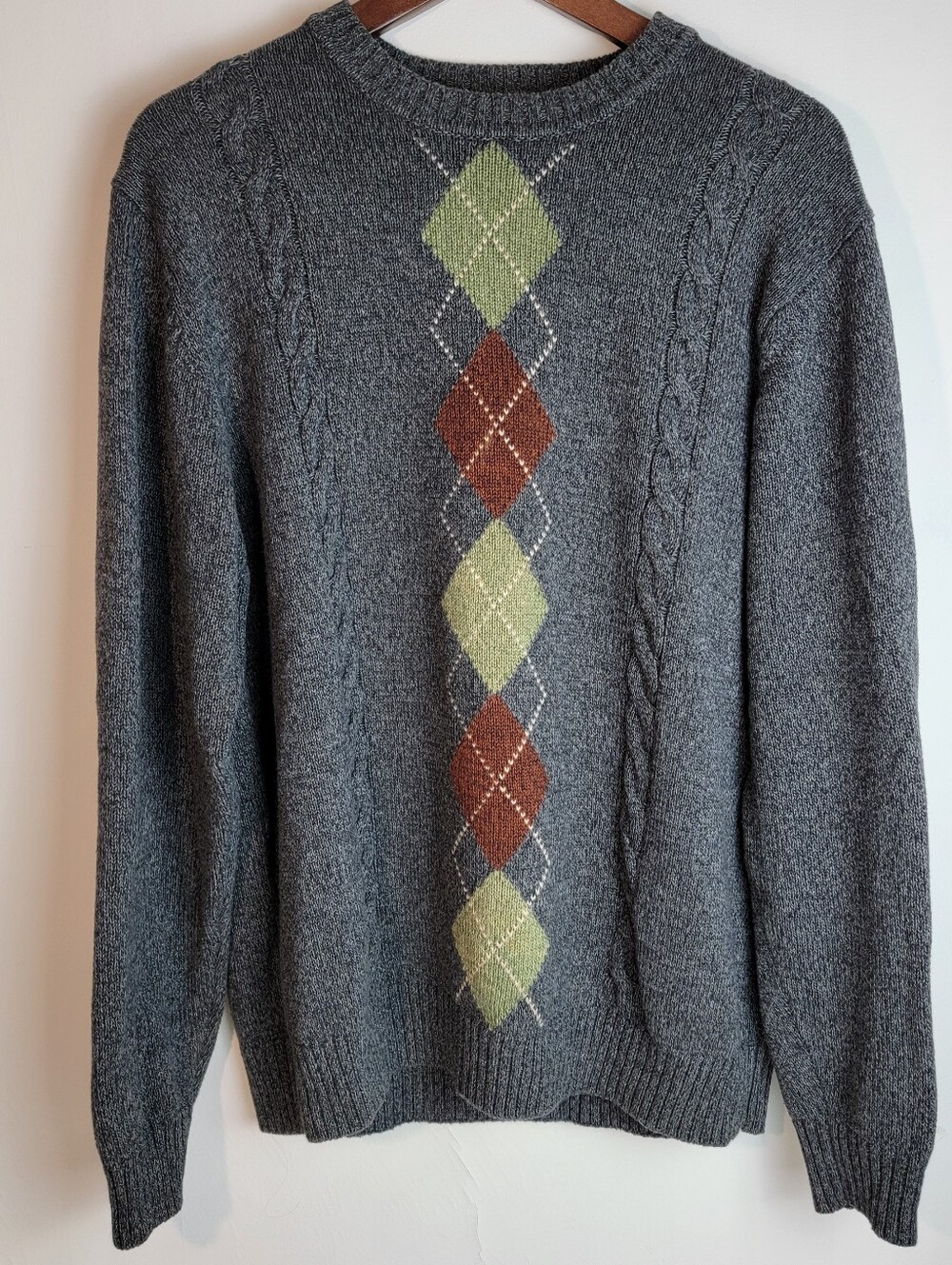 Men's Argyl Cableknit Crewneck Sweater, Fine Gauge Cotton, Dockers, Gray, Large